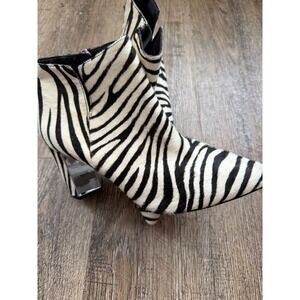 Franco Sarto Zebra Print Calf Hair Ankle Boots Pointed Toe Block Heel Booties
